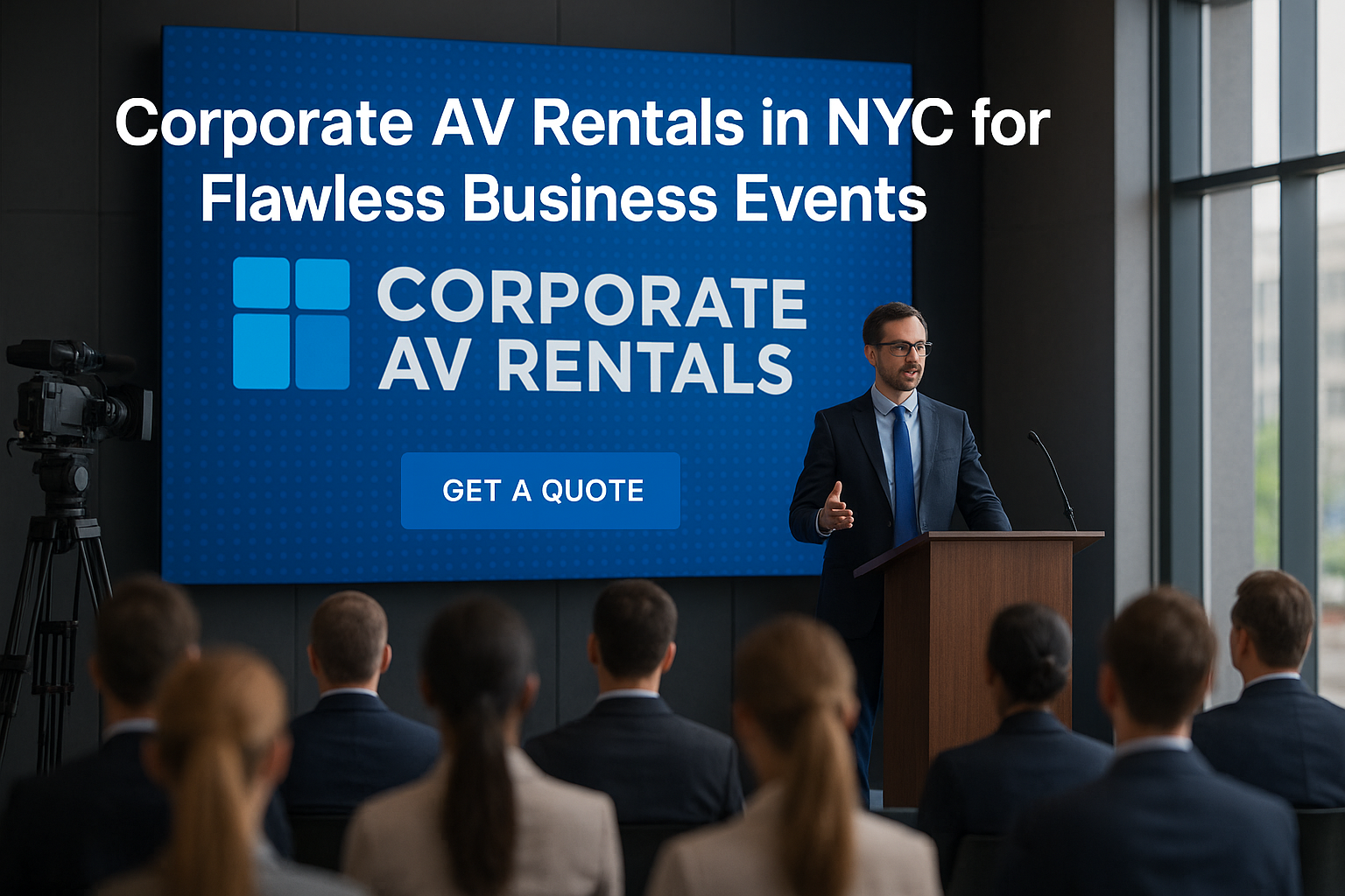 Corporate AV Rentals NYC LED screen behind speaker at business event with audience seated and AV equipment in view
