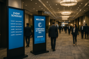 Digital signage displays at a corporate business event in NYC showing schedules, sponsor branding, and welcome message