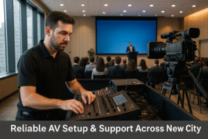 AV technician operating audio console during a corporate event in NYC with camera setup and speaker on stage
